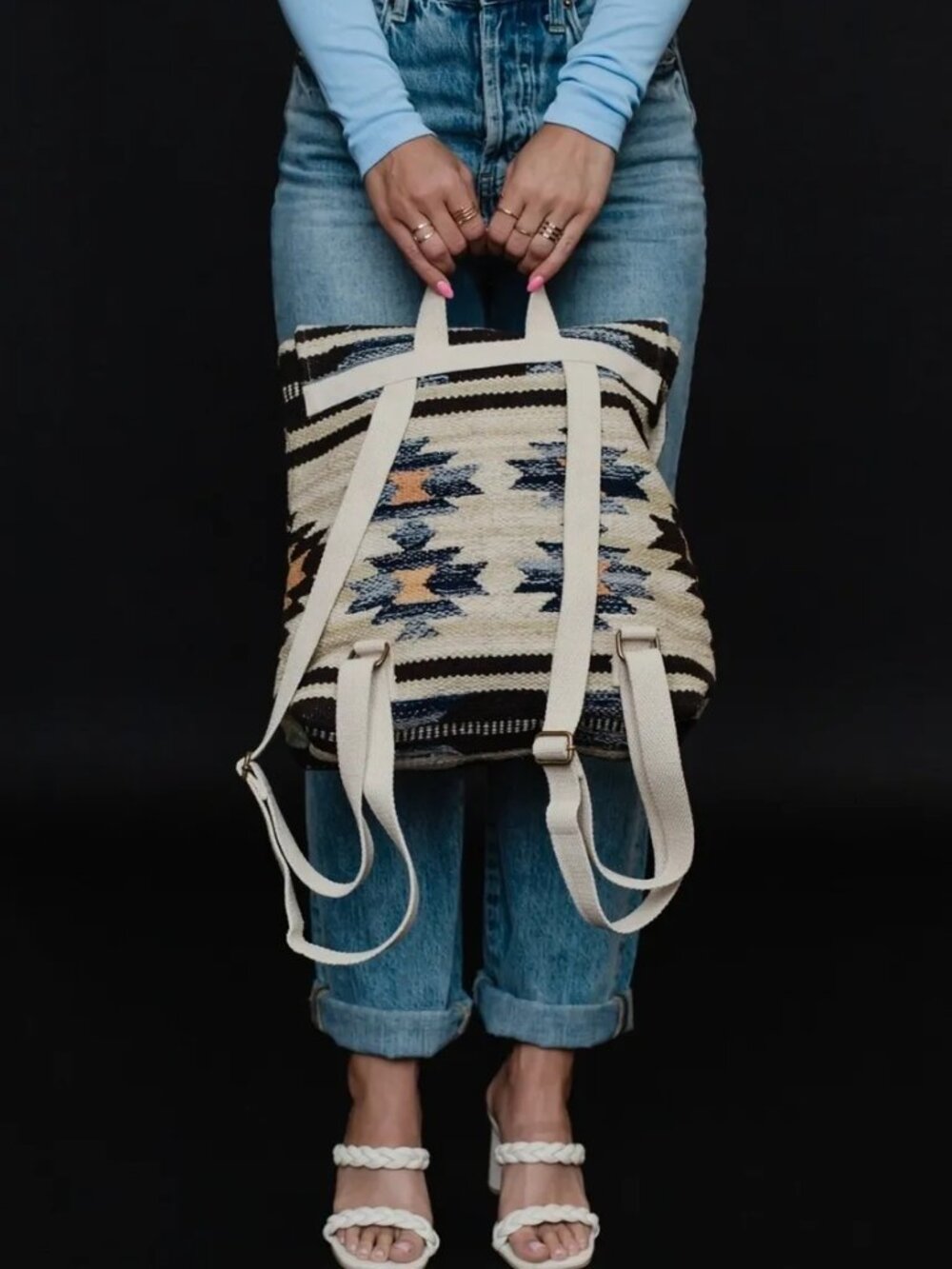 ($25) Woven Aztec Pattern Backpack in Cream, Navy & Mustard - Picture 5 of 5